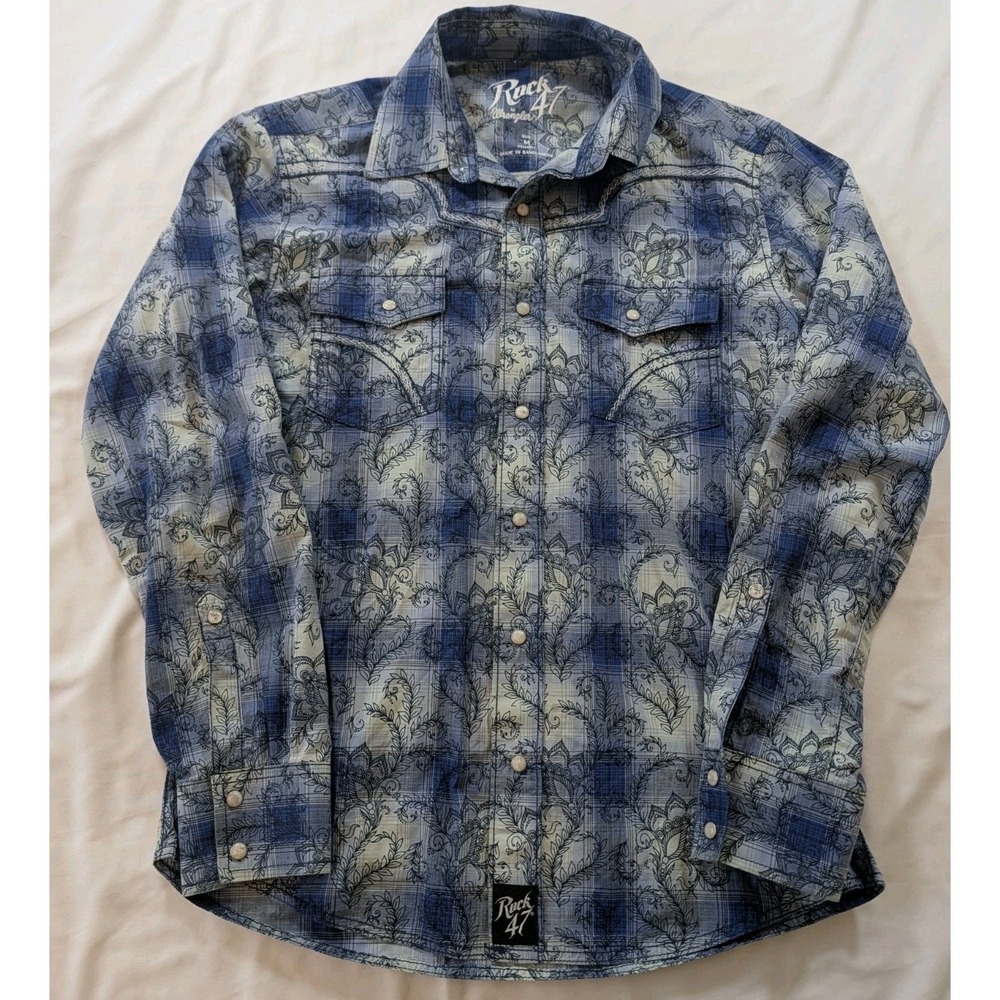 WRANGLER ROCK 47 Western Shirt Long Sleeve Pearl Snap Men's Medium Blue Paisley
